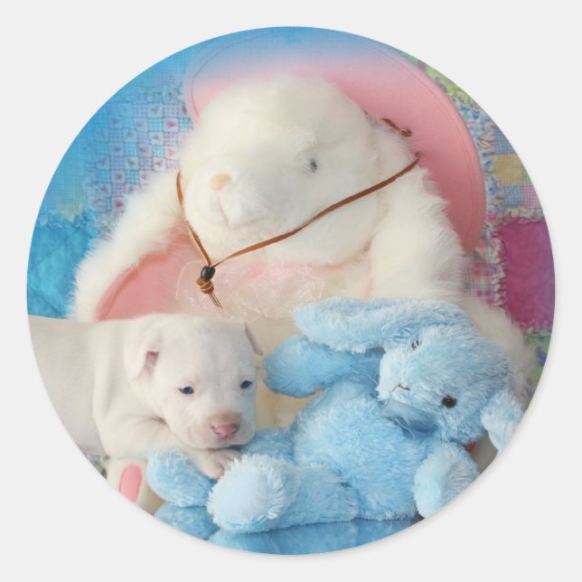 Niedlicher Welpen-Hund und Bunny Friends Runder Aufkleber (Vorderseite)