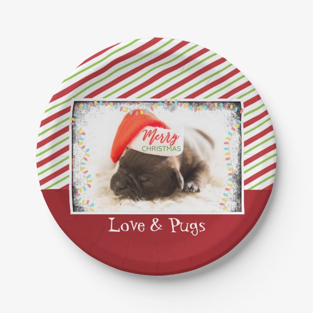 Niedlicher Welpen-Mops in einer Roten Weihnachtsma Pappteller (Vorderseite)