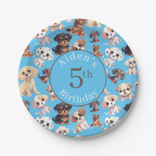 Niedlicher Welpenhund Birthday Blue Pappteller
