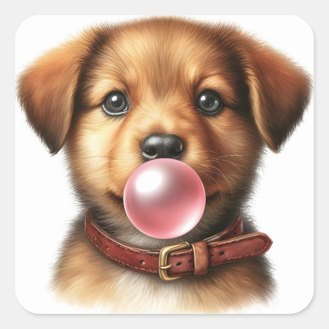 Niedlicher Welpenhund bläst Blubble Gum Quadratischer Aufkleber (Vorderseite)