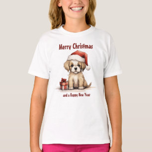 Niedlicher Welpenhund, der eine Weihnachtsmannmütz T-Shirt