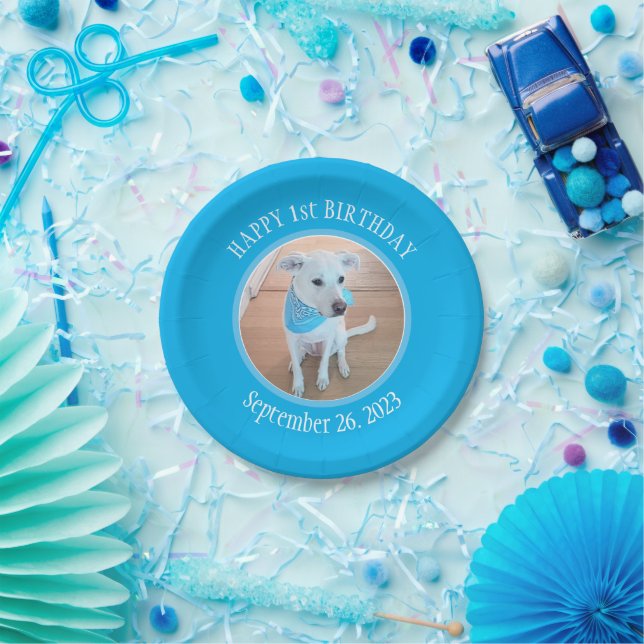 Niedlicher Welpenhund in Blue Scarf Happy 1. Gebur Pappteller (Party)