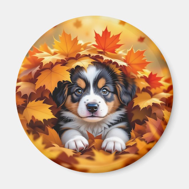 Niedlicher Welpenhund in Herbstlauben Magnet (Vorne)
