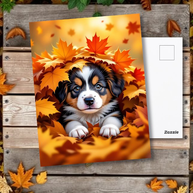 Niedlicher Welpenhund in Herbstlauben Postkarte (Von Creator hochgeladen)