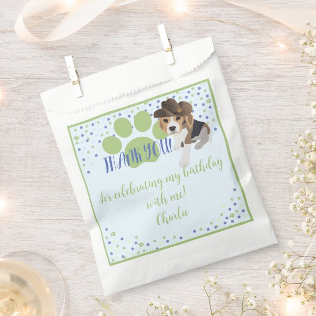 Niedlicher Welpenhund in Hut mit Paw Blue Green Ge Geschenktütchen (Ausgeschnitten)