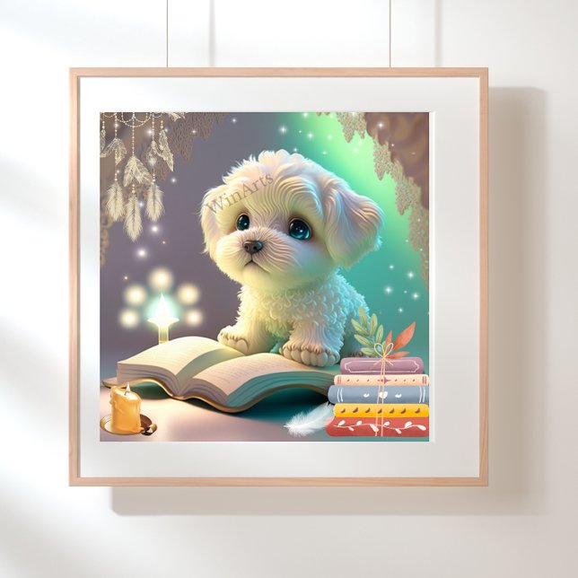 Niedlicher Welpenhund liest ein Buch Kinderzimmer  Poster (Von Creator hochgeladen)