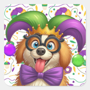 Niedlicher Welpenhund Mardi Gras in der Hut Quadratischer Aufkleber
