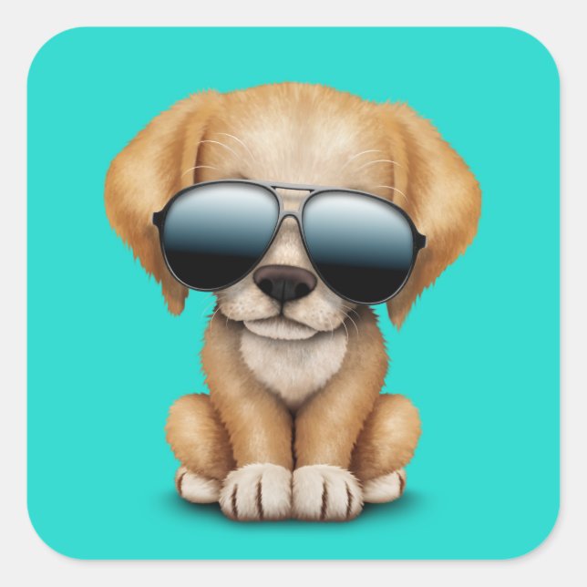 Niedlicher Welpenhund mit Sonnenbrille Quadratischer Aufkleber (Vorderseite)