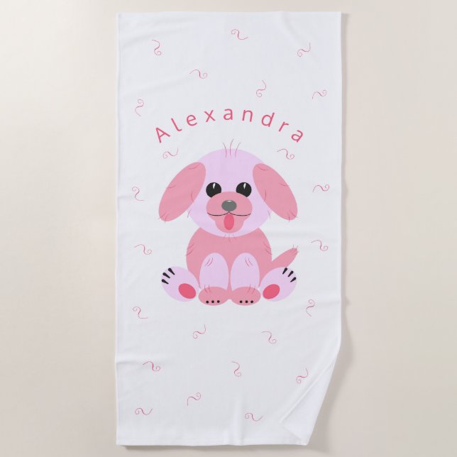 Niedlicher Welpenhund Rosa Cartoon Personalisiert Strandtuch (Vorderseite)