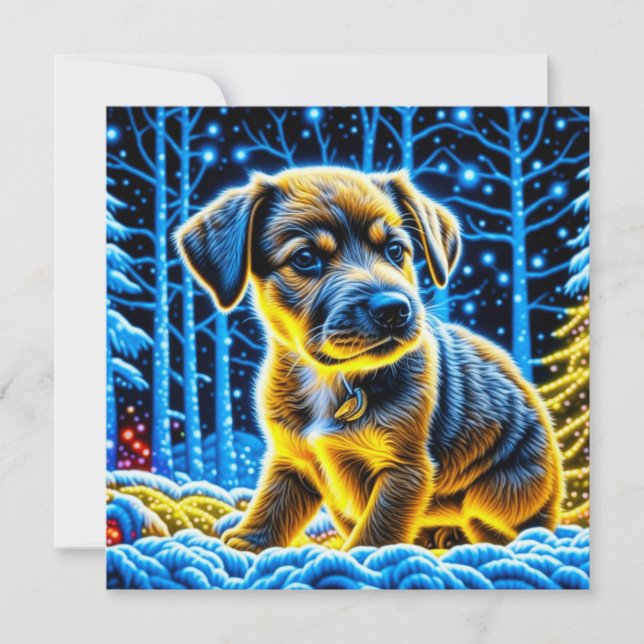 Niedlicher Welpenhund spielt im Schnee Weihnachten (Vorderseite)