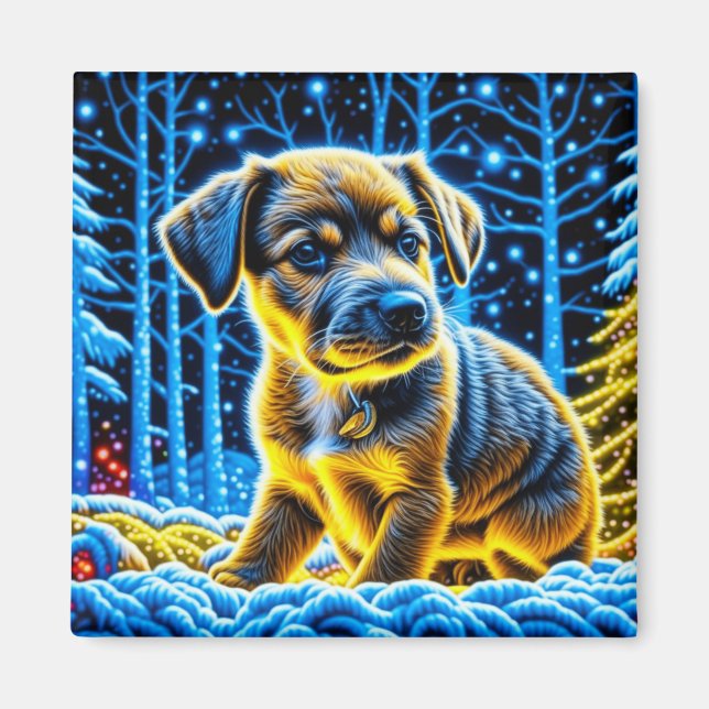 Niedlicher Welpenhund spielt im Schnee Weihnachten Magnet (Vorne)