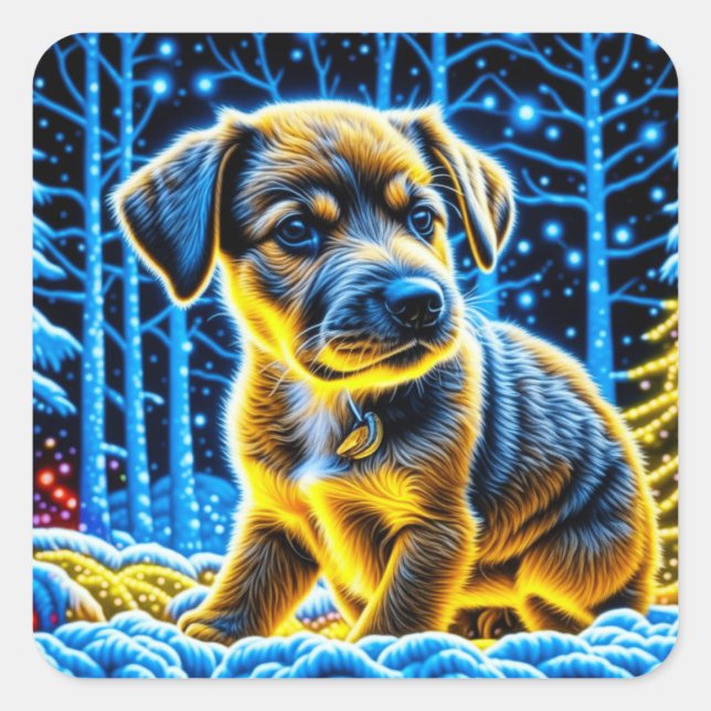 Niedlicher Welpenhund spielt im Schnee Weihnachten Quadratischer Aufkleber (Vorderseite)