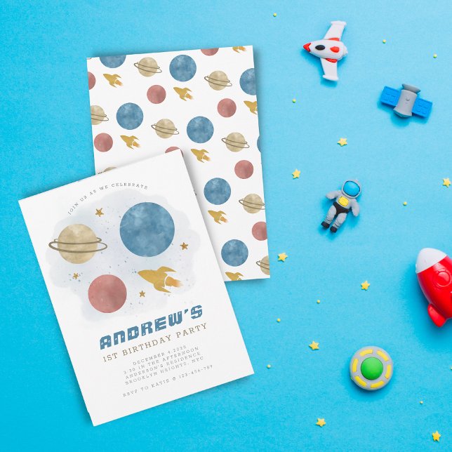 Niedlicher Weltraumplaner Wasserfarbe erste Geburt Einladung (Von Creator hochgeladen)
