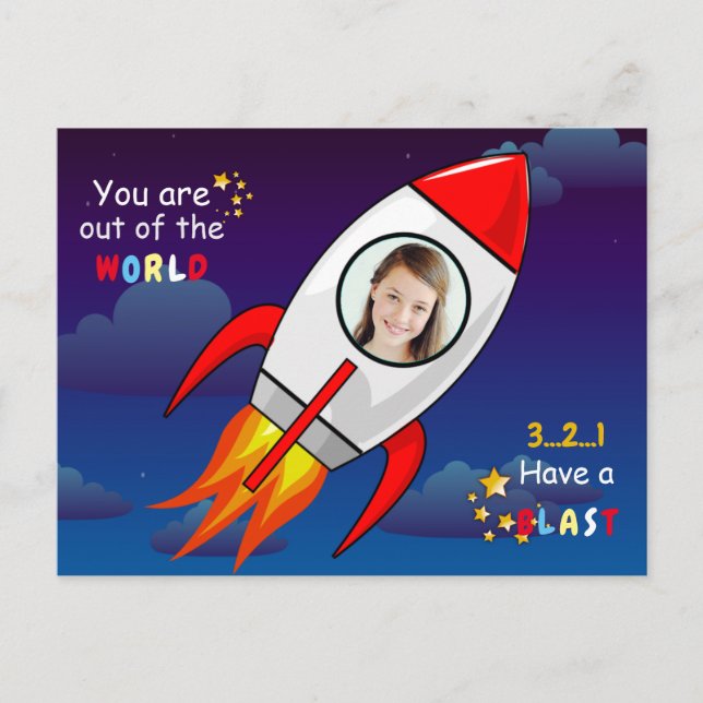 Niedlicher Weltraumraketenschiff vom Geburtstag Postkarte (Vorderseite)