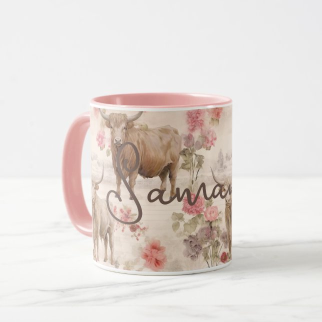 Niedlicher Western Hochkühe Rustikal rosa Flora Tasse (Vorderseite Links)