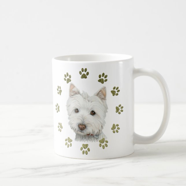 Niedlicher Westhochland-weißer Terrier-Hund und Kaffeetasse (Rechts)