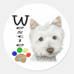 Niedlicher Westie Hund und Paw Art Runder Aufkleber