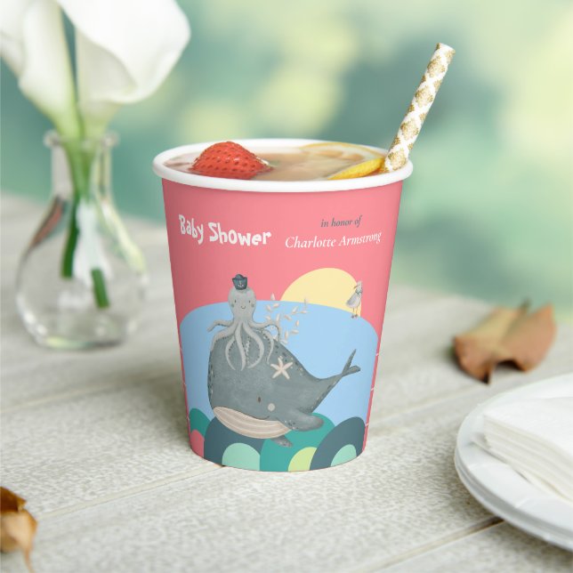 Niedlicher Whale Tintenfisch Pink Babydusche Pappbecher (In Situ)