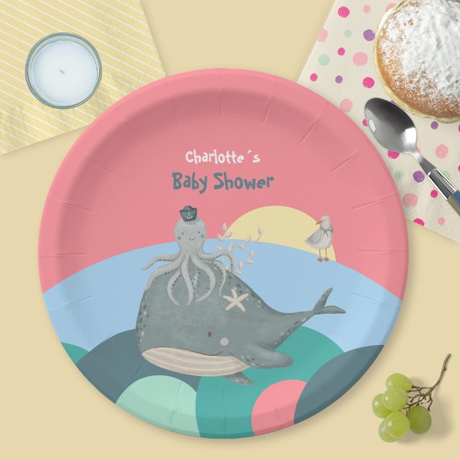 Niedlicher Whale Tintenfisch Pink Babydusche Pappteller (Cute Pink Nautical Whale Squid Baby Shower Paper Plates ©Susanne Sachers - Sunny Mind Design 🌞)