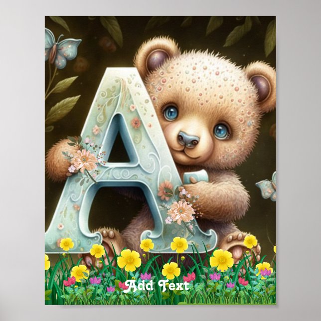 Niedlicher Whimsical Baby Bear mit Alphabet A Poster (Vorne)