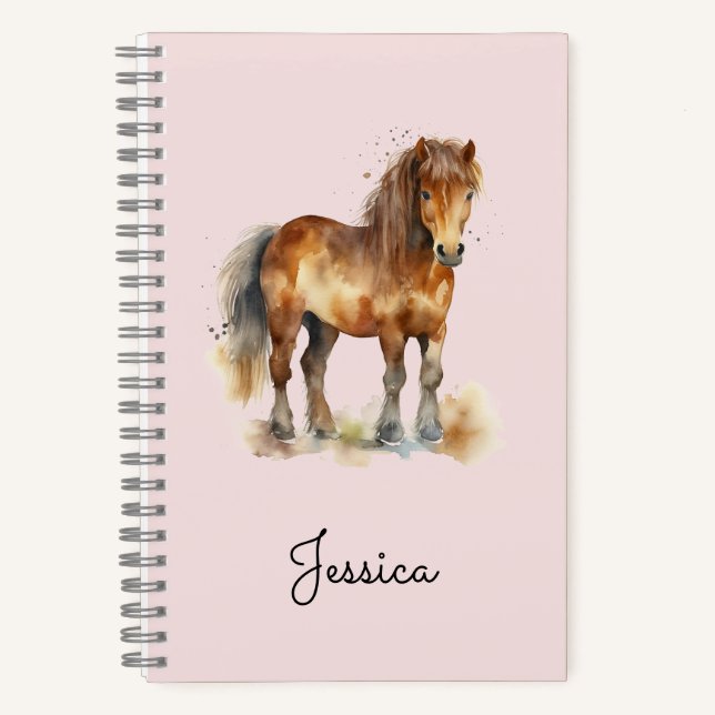 Niedlicher Whimsical Brown Pony Script Name Horse Notizbuch (Vorderseite)