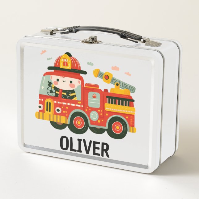 Niedlicher Whimsical Fire Truck und Feuerwehrmann Metall Brotdose (Vorderseite)