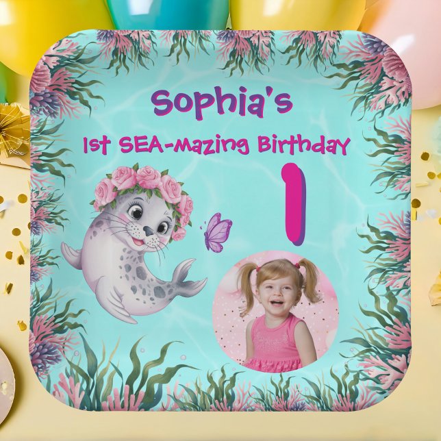 Niedlicher Whimsical Floral Sea Lion Girly Kinderg Pappteller (Von Creator hochgeladen)
