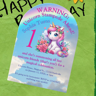 Niedlicher Whimsical Floral Unicorn Foto Kindergeb Einladung