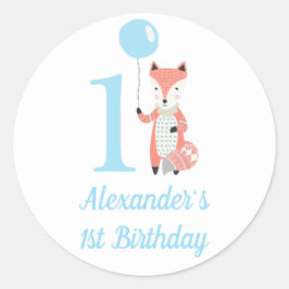 Niedlicher Whimsical Fox & Balloon Blue 1. Geburts Runder Aufkleber