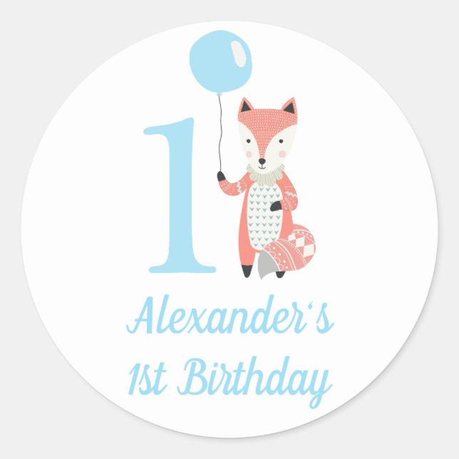 Niedlicher Whimsical Fox & Balloon Blue 1. Geburts Runder Aufkleber (Vorderseite)
