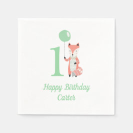 Niedlicher Whimsical Fox & Balloon Green 1. Geburt Serviette
