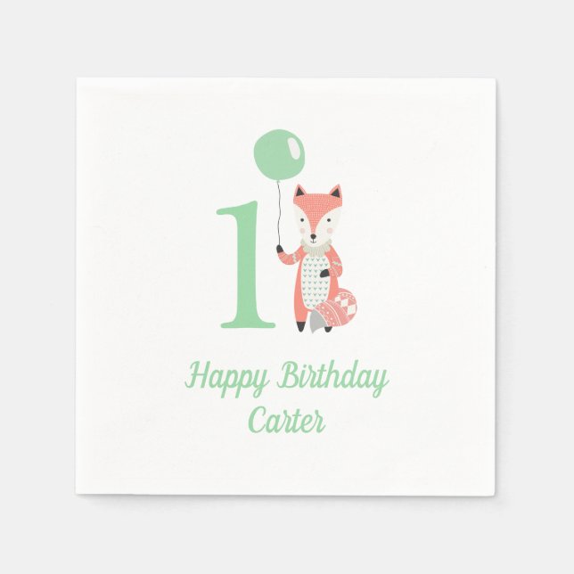 Niedlicher Whimsical Fox & Balloon Green 1. Geburt Serviette (Vorderseite)