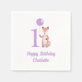 Niedlicher Whimsical Fox & Balloon Lila 1. Geburts Serviette