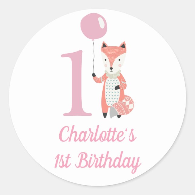 Niedlicher Whimsical Fox & Balloon Pink 1. Geburts Runder Aufkleber (Vorderseite)