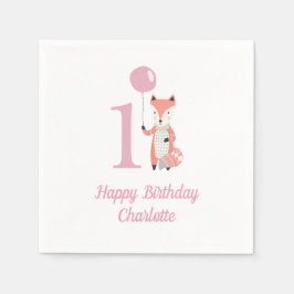 Niedlicher Whimsical Fox & Balloon Pink 1. Geburts Serviette