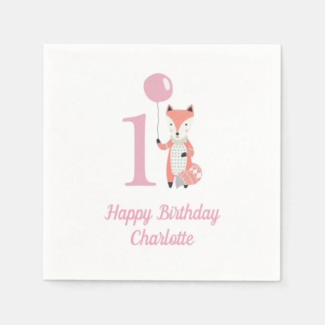 Niedlicher Whimsical Fox & Balloon Pink 1. Geburts Serviette (Vorderseite)