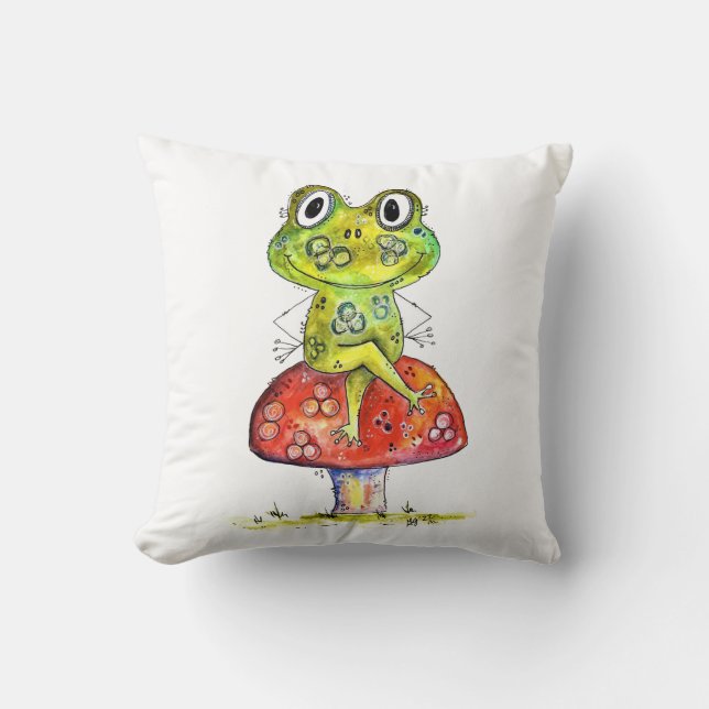 Niedlicher Whimsical Green Frosch auf Toadstool Kissen (Vorderseite)