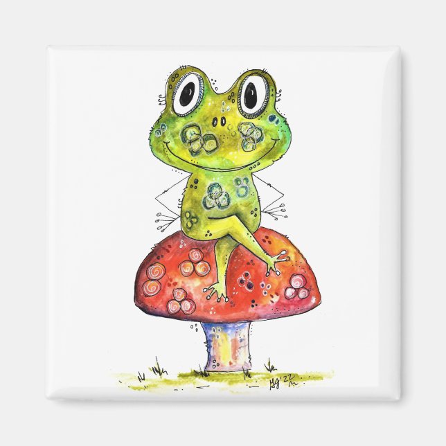 Niedlicher Whimsical Green Frosch auf Toadstool Magnet (Vorne)