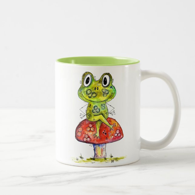 Niedlicher Whimsical Green Frosch auf Toadstool Zweifarbige Tasse (Rechts)