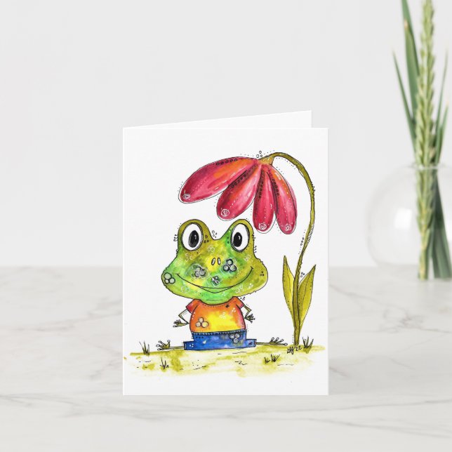 Niedlicher Whimsical Green Frosch unter einer rote Karte (Vorderseite)