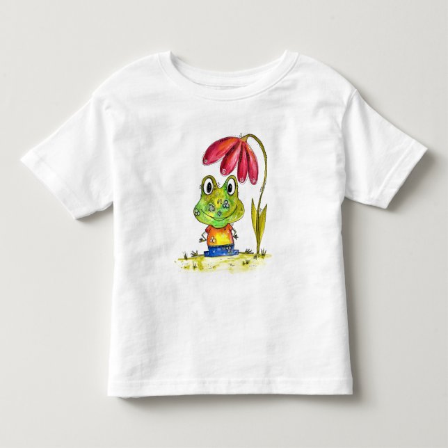 Niedlicher Whimsical Green Frosch unter einer rote Kleinkind T-shirt (Vorderseite)