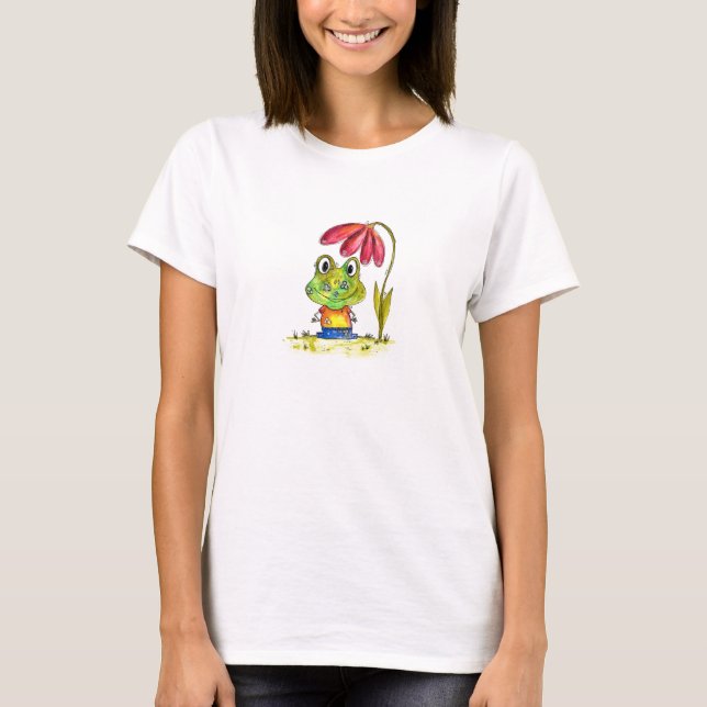 Niedlicher Whimsical Green Frosch unter einer rote T-Shirt (Vorderseite)