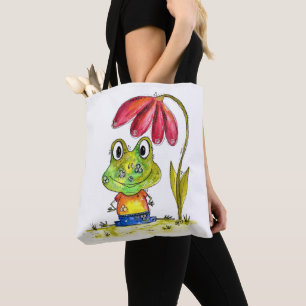 Niedlicher Whimsical Green Frosch unter einer rote Tasche