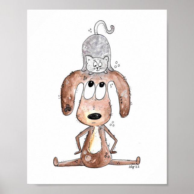 Niedlicher Whimsical Hund mit Katze auf seinem Kop Poster (Vorne)