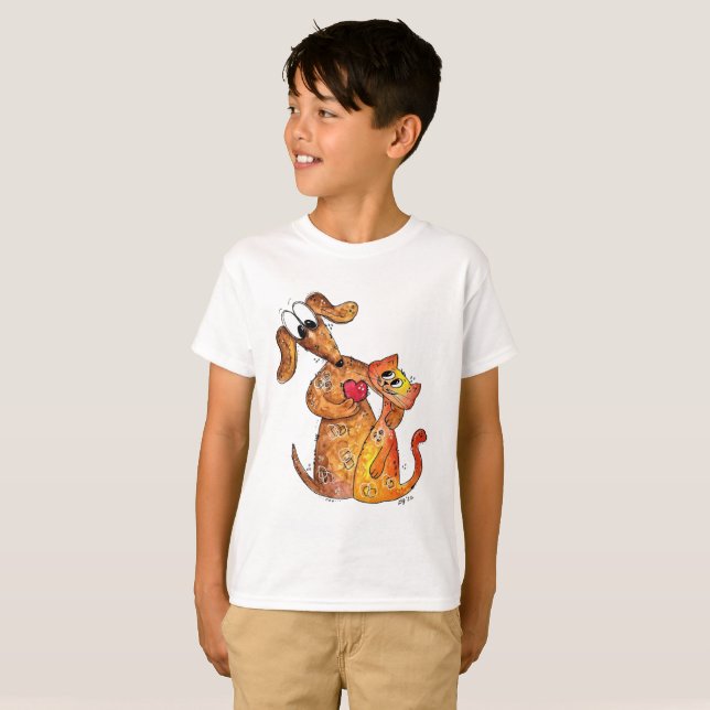 Niedlicher Whimsical Hund und Katze T-Shirt (Vorne ganz)