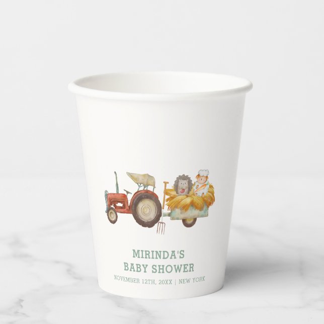 Niedlicher Whimsical Igel Farm Traktor Babydusche Pappbecher (Vorderseite)