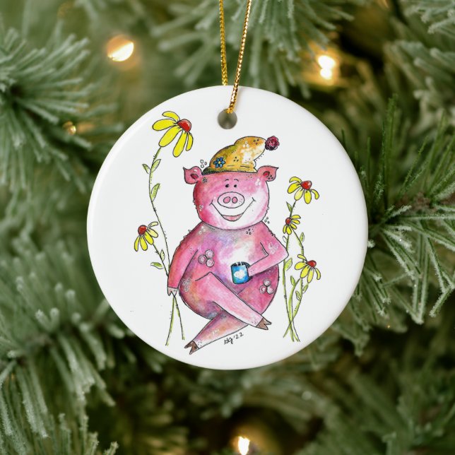 Niedlicher Whimsical Pig Drink Kaffee Keramik Ornament (Baum)