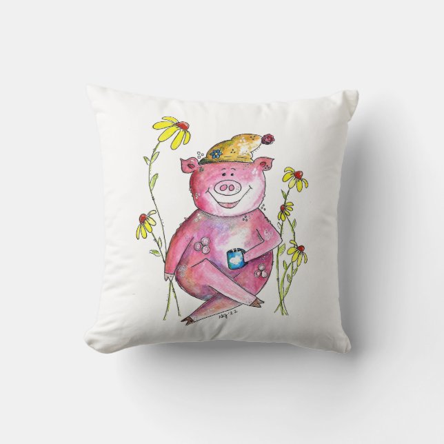 Niedlicher Whimsical Pig Drink Kaffee Kissen (Vorderseite)