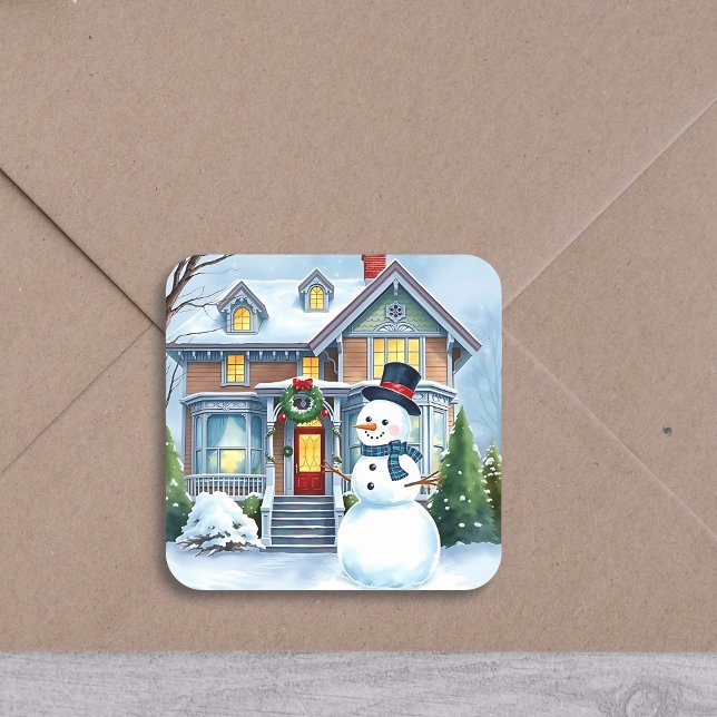 Niedlicher Whimsical Snowman in der Weihnachtsfeie Quadratischer Aufkleber (Von Creator hochgeladen)