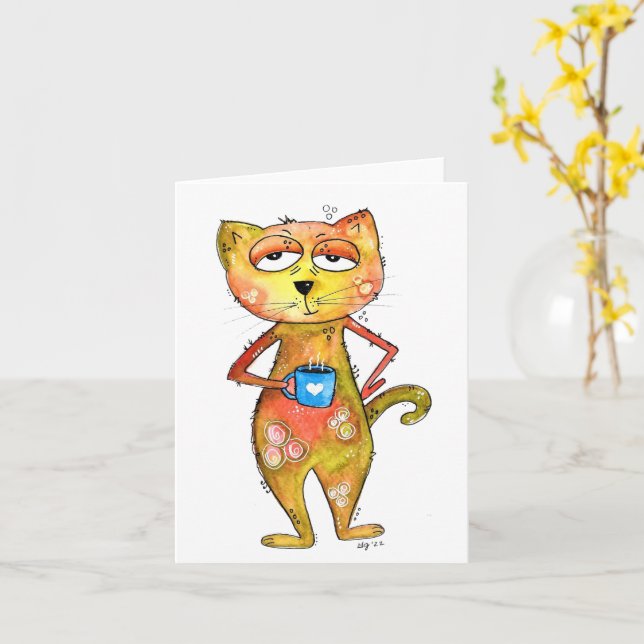 Niedlicher Whimsical Tired Cat Drink Kaffee Karte (Gelbe Blume)